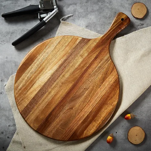 Vista 7 de Tabla de cortar redonda de madera de acacia con asa - Tabla de charcutería de madera, tabla de cortar y servir versátil para pizza, pan, queso