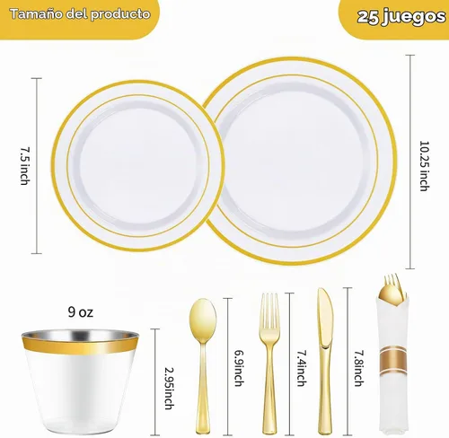 Vista 4 de Goodluck Juego de vajilla de plástico dorado de 175 piezas para 25 invitados, platos desechables elegantes para fiestas, incluye: 25 platos llanos