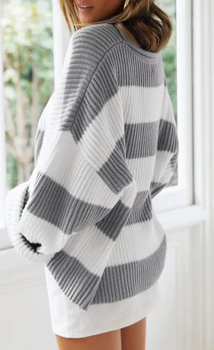 Vista 3 de ZESICA - Suéter tejido sin botones de manga larga y cuello redondo para mujer, a rayas, bloques de color, cómodo, holgado, talla extragrande