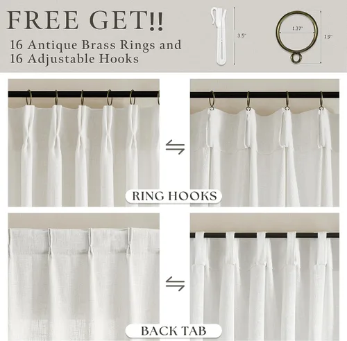 Vista 4 de TWODRAPES Cortinas de Lino Plisadas con Pinza Beige Blancas de 54 Pulgadas de Largo 2 Paneles para Comedor Cocina Dormitorio Plisadas Semi