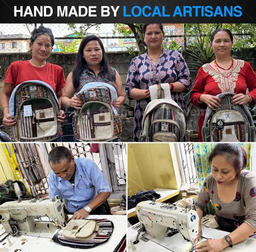 Vista 5 de Mochila Nepal de cáñamo grande hecha a mano natural con múltiples bolsillos