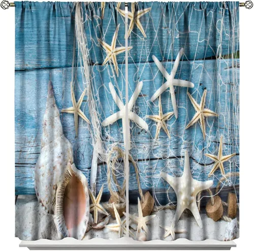 Vista 13 de JESTRONRY Cortina de playa azul y blanca con diseño de estrella de mar y conchas marinas con aislamiento térmico, para oscurecer la habitación, 2