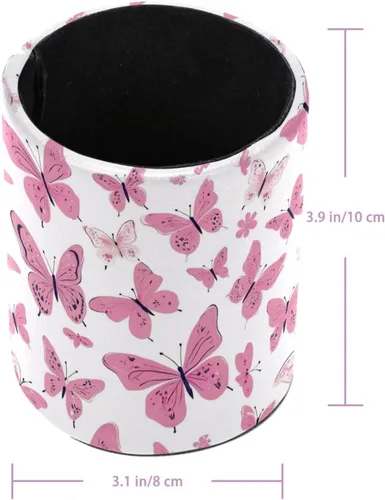Vista 3 de Taza de PVC para escritorio, taza de lápiz rosa con mariposas para organizador de bolígrafos de escritorio, soporte para brochas de maquillaje