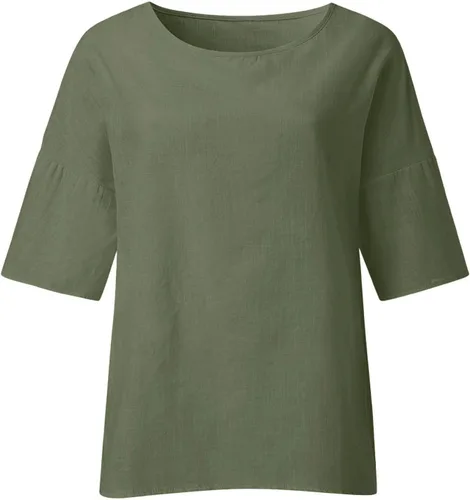 Vista 4 de Blusas de verano para mujer, manga corta, cuello redondo, línea de algodón, blusa suelta