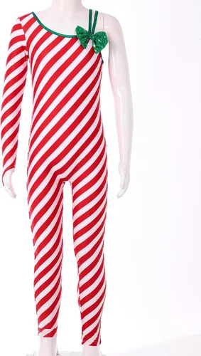 Vista 4 de RUNQHUI Enterizo de una pieza con bastón de caramelo de Navidad para niños y niñas, un hombro completo, para bailar