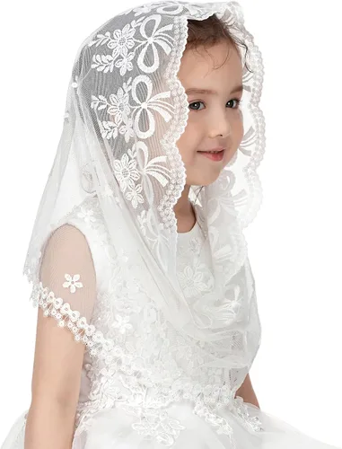 Vista 8 de PAMOR Velos infinitos de primera comunión para niñas velo capilla de encaje velo de mantilla velos de iglesia latina para bautismo católico Blanco B