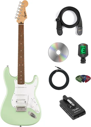 Vista 14 de Fender Squier Sonic Stratocaster HSS - Paquete negro con amplificador Frontman 10G, afinador, correa, cable, púas y DVD de guitarra Austin Bazaar