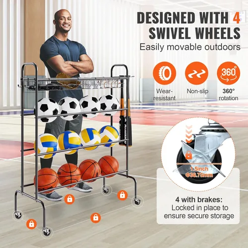 Vista 3 de VEVOR Rolling Sports Ball Storage Cart, Lockable Basketball Cage with Double Lids, Sport Equipment Holder Organizer for Indoor Outdoor, Steel