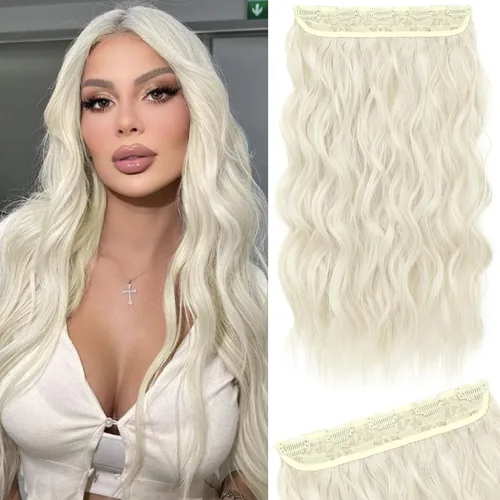 Vista 36 de REECHO Extensiones de cabello rubio, extensiones de una pieza con clip de 20" para mujer, extensiones de cabello sintético suave y natural con ondas