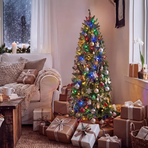 Vista 2 de HOLLO STAR Árbol de Navidad preiluminado de 4.5 pies, luces RGBW, control Árbol de Navidad artificial con 148 luces LED, 330 puntas de rama, base