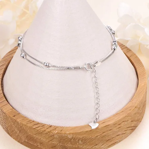 Vista 5 de Pulsera de plata de ley S925 con cuentas de corazón y estrellas de doble cadena, ajustable, regalo para mujeres y niñas, de 7 + 2 pulgadas