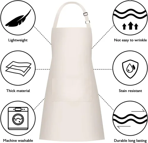 Vista 6 de Jubatus Paquete de 2 delantales 100% algodón con 2 bolsillos para cocinar, cocinero, delantal ajustable para mujeres y hombres, color beige