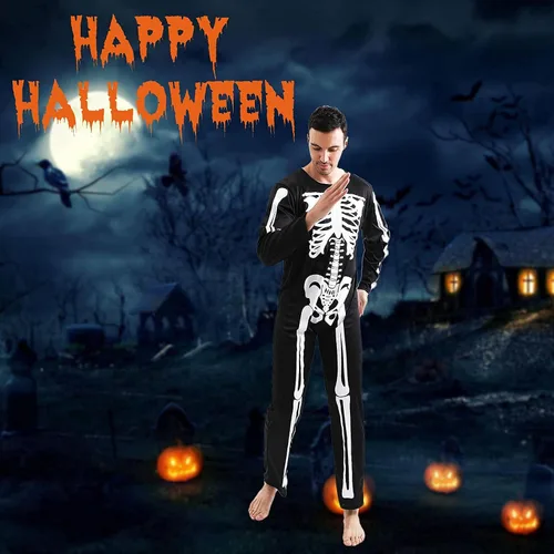 Vista 4 de Disfraz de Halloween de esqueleto en liquidación de Halloween para hombres adultos, overol de hueso de calavera 3D, disfraz de cosplay y fiesta