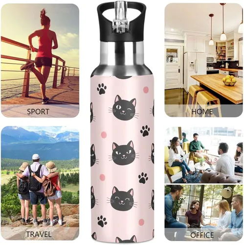 Vista 5 de Cute Black Cat Pink Insulated Water Bottle 32 Oz Leakproof Water Bottles, BPA-Free Sport Water Bottle Insulated