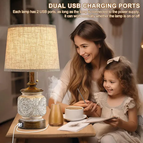 Vista 2 de Juego de 2 lámparas de mesa de noche estilo granja de 19.5 pulgadas, lámparas rústicas para mesita de noche de dormitorio con puertos USB, lámparas