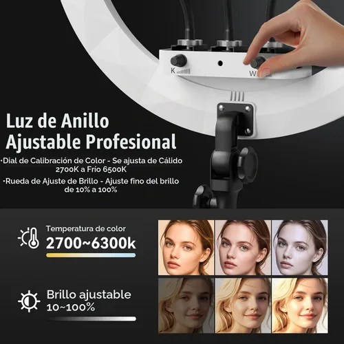 Vista 3 de Anillo de luz de 19" con soporte, trípode de 78" y 3 soportes para teléfono 3 modos de color y luz LED regulable de 6500 K, anillo de luz grande