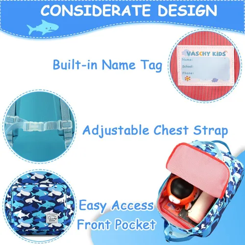 Vista 4 de VASCHY - Mochila para niños y niñas de 3 a 6 años, mochila preescolar ligera para niños con correa para el pecho Tiburones azules