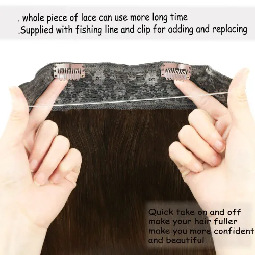 Vista 8 de Extensiones de cabello humano real, cabello lacio marrón chocolate de 12 pulgadas con alambre oculto y línea de pescado transparente
