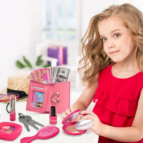 Vista 6 de Bolso de niñas pequeñas, juego de maquillaje de simulación para niños de 3-5 y 4-6 años, bolsos para niños con accesorios, bolso de mano rosa, kit