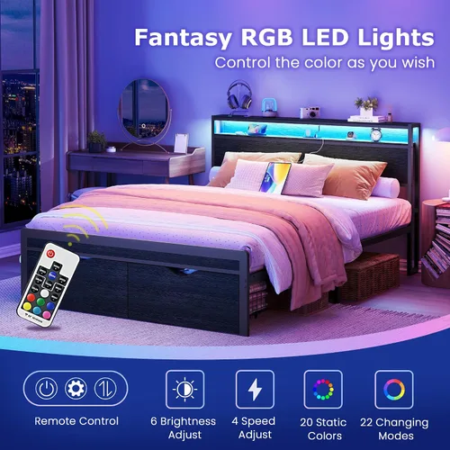 Vista 5 de FAVOOSTY Base de cama de tamaño matrimonial con cabecera de 2 niveles, plataforma de metal con 2 cajones de almacenamiento, luces LED y estación