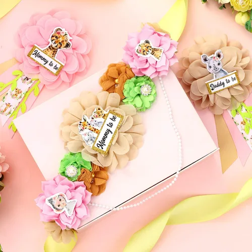 Vista 2 de Jungle Safari Baby Shower Sash Girl - Cinturón de maternidad de animales de safari para baby shower, ramillete de insignia para decoraciones de baby