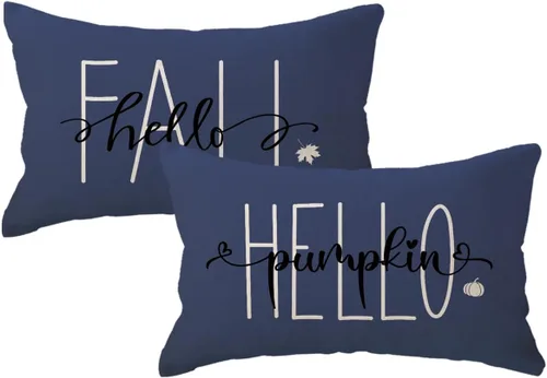 Vista 15 de Fundas de almohada naranjas de otoño de 12 x 20 pulgadas, paquete de 2 fundas de almohada decorativas rectangulares/lumbar, fundas de cojín de Hello