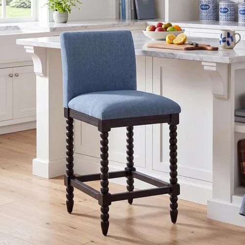 Vista 9 de DUHOME Taburete de mostrador de husillo con asiento acolchado de resorte, taburetes de bar de madera de granja de 26 pulgadas de altura de Negro/Azul