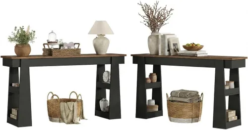 Vista 9 de Mesa consola de 63 pulgadas de largo para entrada, mesa de entrada de madera con estantes de 2 niveles, mesa de sofá grande detrás del sofá, mesa