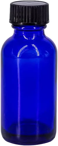Vista 3 de Botellas redondas Boston de vidrio azul cobalto de 1 oz con tapa acanalada negra, paquete de 24