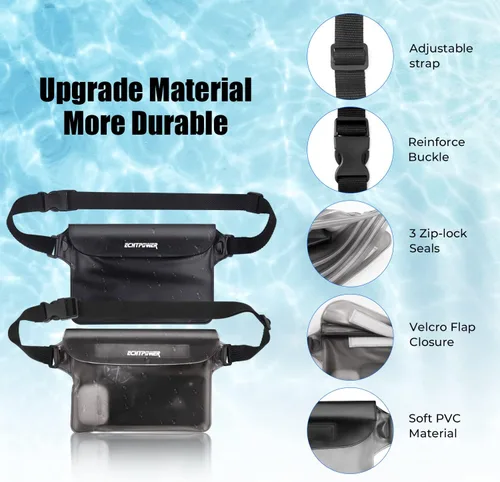 Vista 6 de ECHTPower Paquete de 2 bolsas impermeables, riñonera impermeable, bolsa seca impermeable con correa ajustable para la cintura para playa, natación