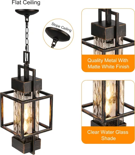 Vista 3 de Lámpara colgante de 15 pulgadas para interiores y exteriores, moderna lámpara de araña de metal negro para exteriores, lámpara de techo con vidrio