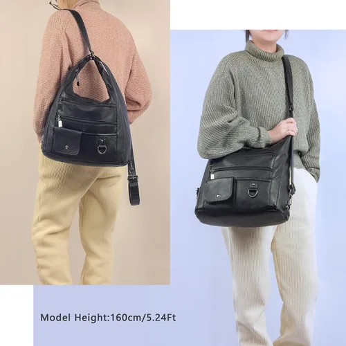 Vista 2 de Bolso y bolso de mano de cuero lavado suave para mujer, mochila convertible, bolso de hombro de gran capacidad, bolso cruzado