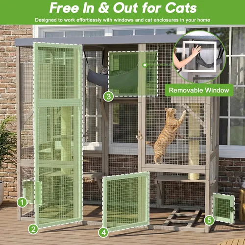 Vista 4 de Gran recinto para gatos Catio para exteriores, patio para gatos con 4 niveles, hamaca para condominio y postes rascadores, techo plano de madera