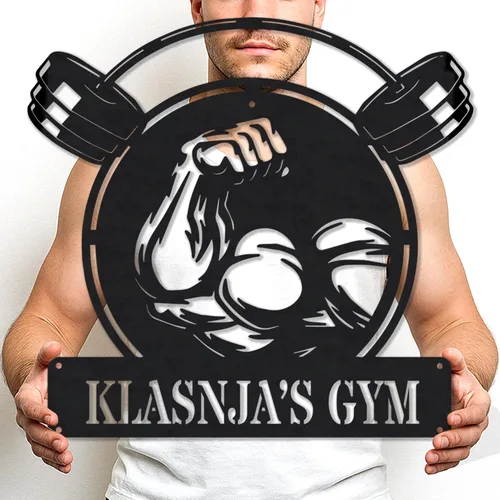 Vista 26 de Cartel de metal personalizado para gimnasio con nombre, arte de pared para sala de entrenamiento en casa, garaje, espacio de fitness, decoración