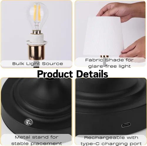 Vista 3 de Lámpara de Mesa Recargable Inalámbrica, Luz Cálida de Escritorio, Lámparas Táctiles Inalámbricas con Brillo Regulable Sin Escalones y Pantalla
