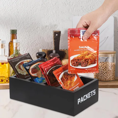 Vista 4 de BSTKEY Organizador de paquetes de condimentos, organizador de almacenamiento de paquetes de alimentos con 4 compartimentos, organizador
