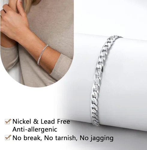 Vista 5 de FindChic Pulseras de cadena italiana de plata de ley 925 con eslabones cubanos para mujeres y hombres, 0.118 pulgadas0.197 pulgadas de ancho, 6.3 a