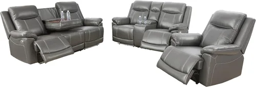 Vista 7 de Juego de sofá reclinable de 3 piezas, muebles de sala de estar, tapicería de cuero de aire, puertos de carga USB 2.0, tiras de luz LED, mesa