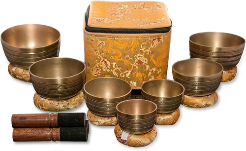 Vista 9 de Juego de 7 cuencos tibetanos, cuencos cantores hechos a mano para meditación y curación holística, accesorios de yoga, cuencos negros de 3 a 5