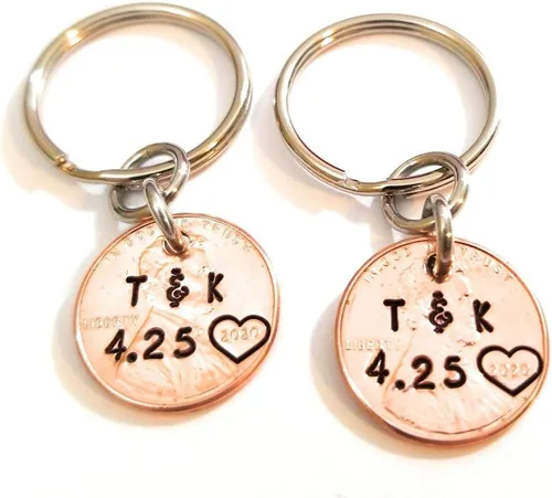 Vista 6 de Tucker's Trinkets And Treasures Personalized Anniversary Year Penny Key Chain, Anniversary Date, Name, Initials, Personalized