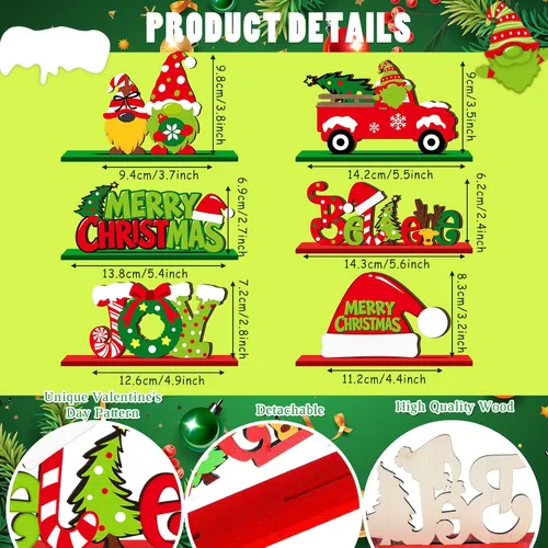 Vista 5 de Realspring 6 piezas de decoración de mesa de Navidad, centros de mesa de madera de Merry Christmas, decoración de mesa Joy Wood, gnomos de jengibre