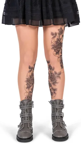 Vista 8 de Wild Rose Leggings de malla de tatuaje de rosas grises para mujer, color gris y negro, bronceado