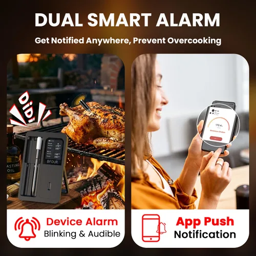 Vista 6 de BFOUR Termómetro digital inalámbrico para carne con 2 sondas impermeables mejoradas, termómetro Bluetooth para barbacoa inalámbrico con pantalla