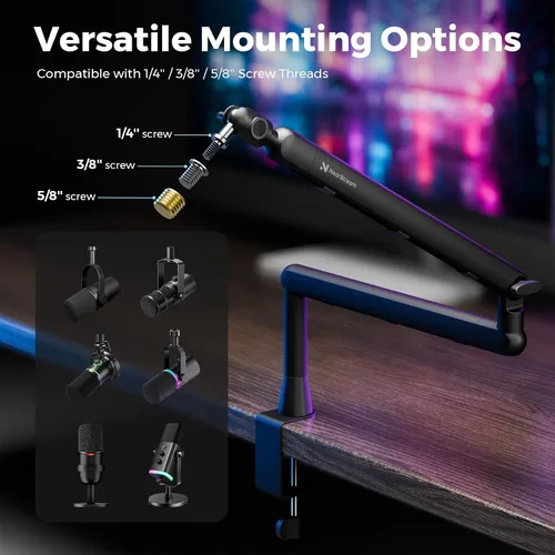 Vista 2 de NearStream Soporte de micrófono con adaptadores de 1/4", 3/8" y 5/8", brazo de micrófono ajustable con gestión de cables, elevador de 4.5", soporte