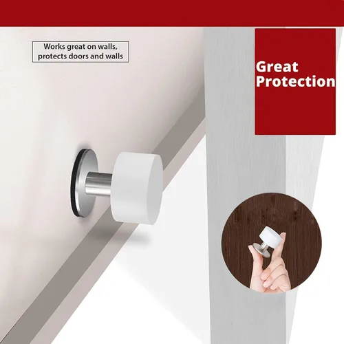 Vista 3 de Topes de puerta con calcomanías adicionales, tope de puerta autoadhesivo con goma blanca y cuerpo de acero inoxidable - Parachoques de puerta