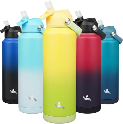 Vista 25 de Konokyo Botella de agua aislada con tapa de pajilla, botella de metal al vacío de acero inoxidable de 18 onzas con mango de silicona, color negro
