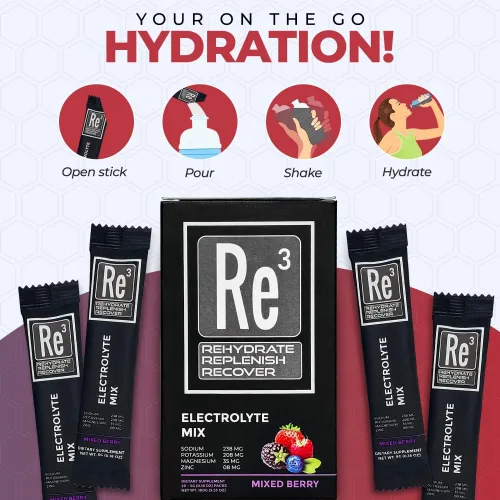 Vista 4 de Re3 - Rehydrate - Replenish - Recover Paquetes de electrolitos en polvo. Sin azúcar, 7 cal, 1.4 carbohidratos. La mejor mezcla de vitaminas