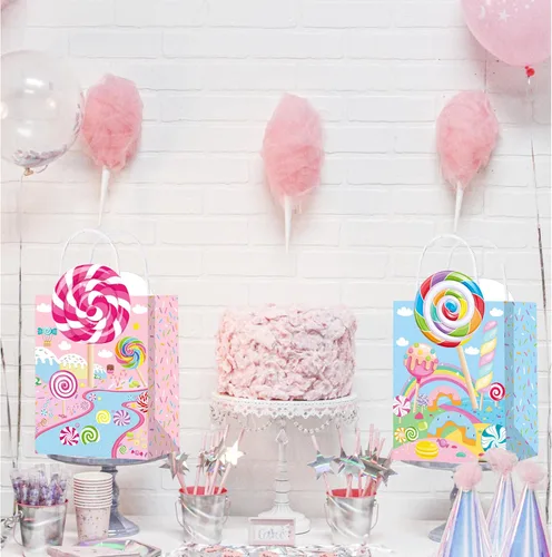 Vista 8 de C L cooper life 12 bolsas de regalo de fiesta de Candyland con asas, bolsas de regalo para fiestas temáticas de piruletas, suministros para fiesta