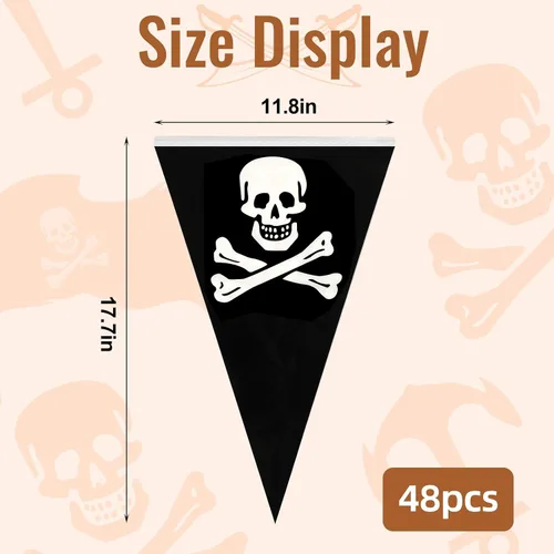 Vista 2 de MARFOREVER Bandera de Banderín Pirata de 100 Pies, 48 Piezas de Banderas de Banderín Triangular Pirata, Decoraciones de Fiesta de Cumpleaños
