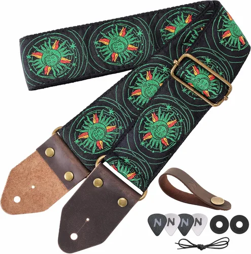 Vista 27 de Nefelibata Correa de guitarra, correas de guitarra de algodón bordado jacquard con extremos de cuero de caballo loco para bajo, eléctrico